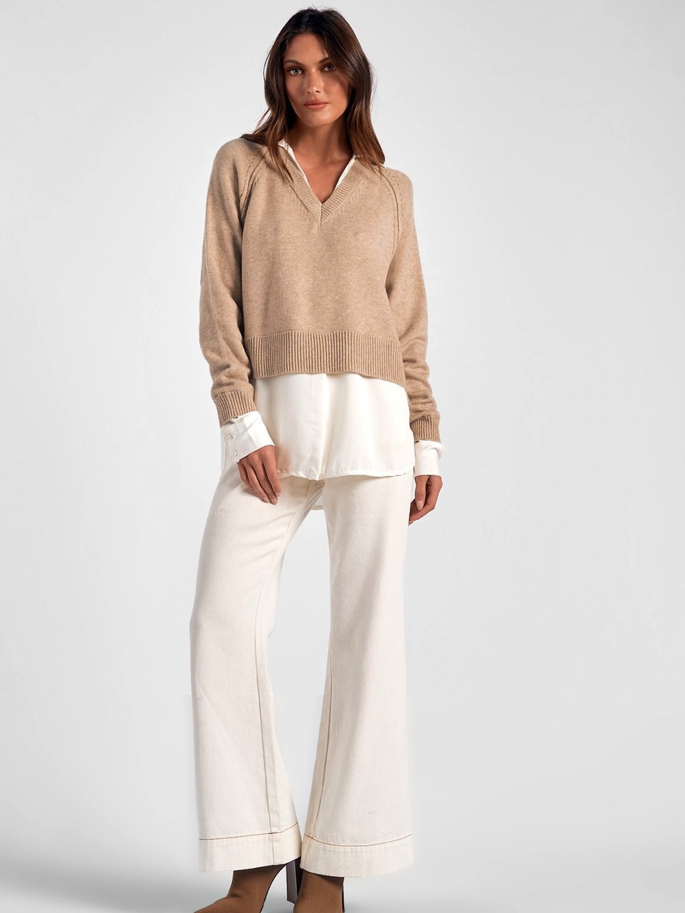 Elan Taupe V-Neck Layered-Look Sweater